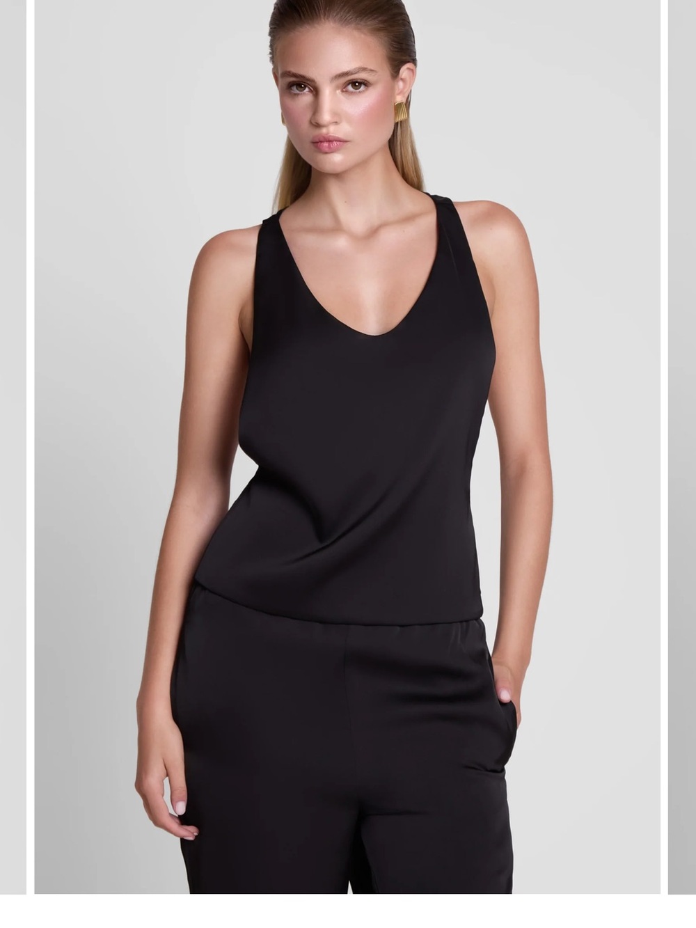 Sleek Black V-Neck Satin Tank Blouse
